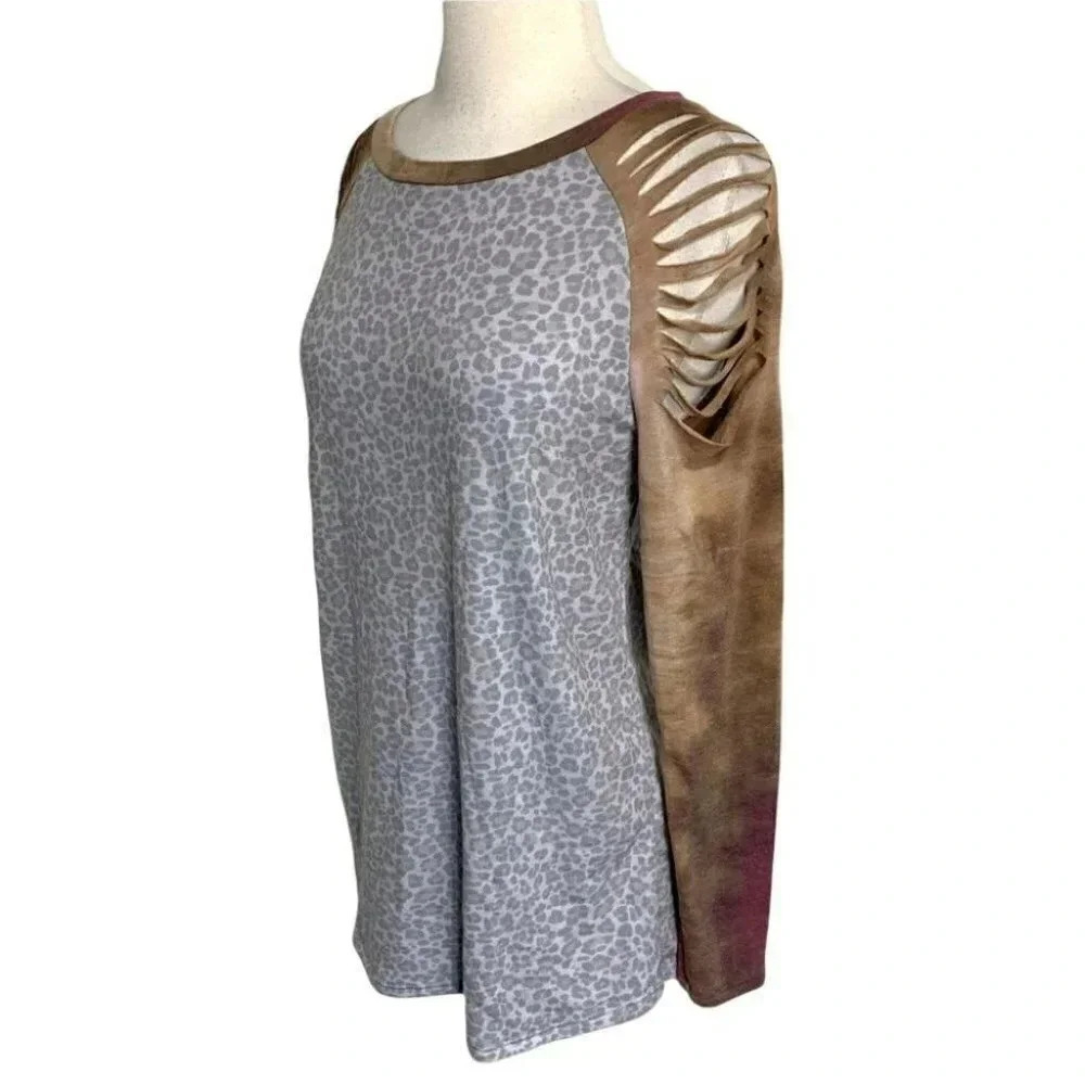White Birch‎ S leopard print tie dyed long sleeve top
